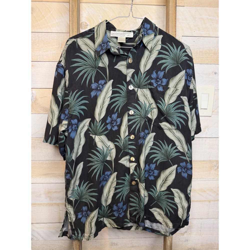 Pineapple Moon Mens Silk Hawaiian Shirt Black Blue‎ Palm Floral Aloha Camp M